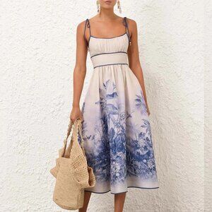 Zimmermann Wylie Shirred Printed Linen Midi Dress